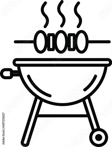 Steaming skewers cook on a classic barbecue grill outdoors.