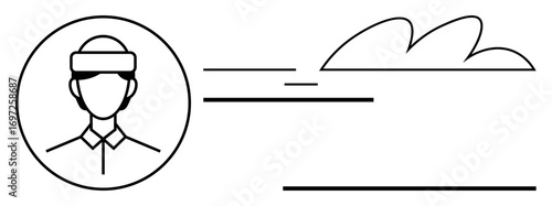 Courier wearing cap inside circular frame, speed lines indicating movement, and abstract cloud. Ideal for delivery, logistics, mobility, express services, communication, modern business simple flat