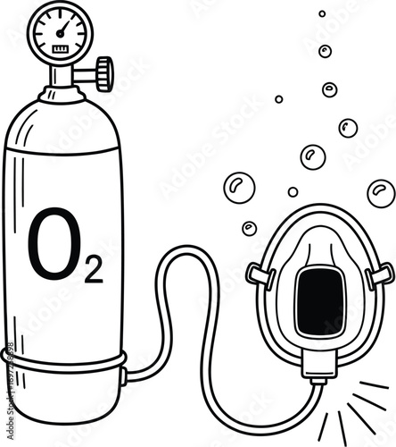 Oxygen tank connected to a breathing mask with rising bubbles, symbolizing medical care and respiratory support.
