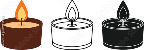 Three lit candles, one colored and two graphic representations, evoke warmth and simplicity.