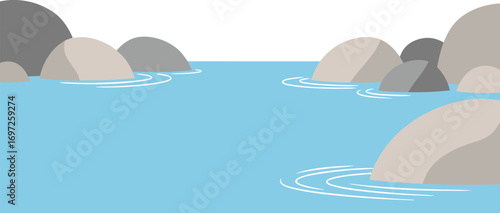 Minimalist Rocky Lake Scene with Blue Water and Large Boulders for Nature, Tranquility, and Outdoor Design Projects