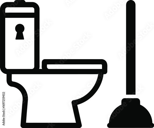 Plunger next to a toilet, symbolizing a common household plumbing problem and repair.