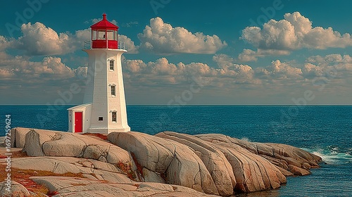 White lighthouse with red top stands on rocky shore against blue sky and ocean.