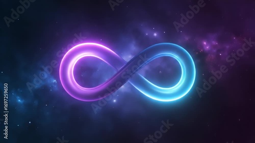 A glowing infinity symbol transitions from electric blue to vibrant magenta, set against a deep space backdrop filled with cosmic nebulae and distant stars.