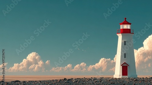 Lighthouse stands against a blue sky with clouds over a rocky shore.