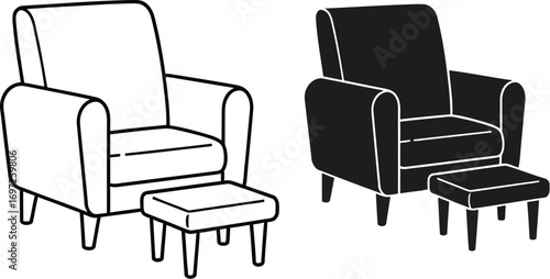 Comfortable armchair and ottoman in outline and silhouette for design