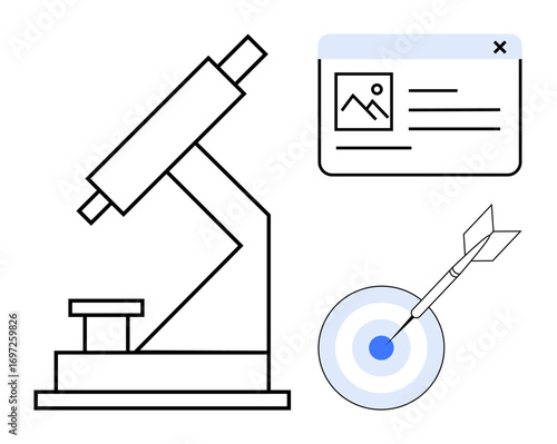 Microscope, webpage layout, and bullseye with dart representing analysis, precision, research, and achieving goals. Ideal for science, technology, education business strategy data innovation
