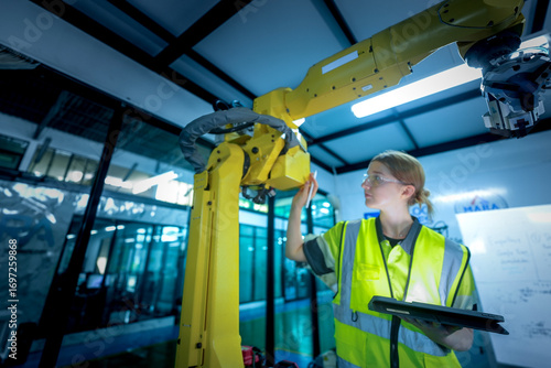 Tapeta A female automation engineer oversees the operation of a 6-axis industrial robotic arm in a smart factory, representing human oversight in a complex Industry 4