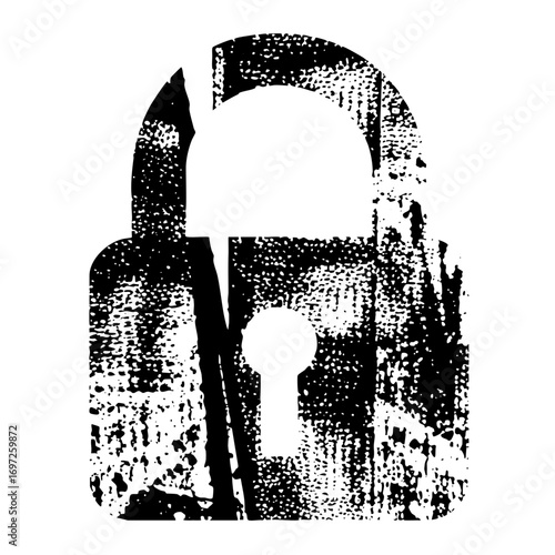 Vector Distressed black padlock with open keyhole.