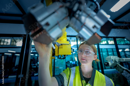 Fotografi A female automation engineer oversees the operation of a 6-axis industrial robotic arm in a smart factory, representing human oversight in a complex Industry 4