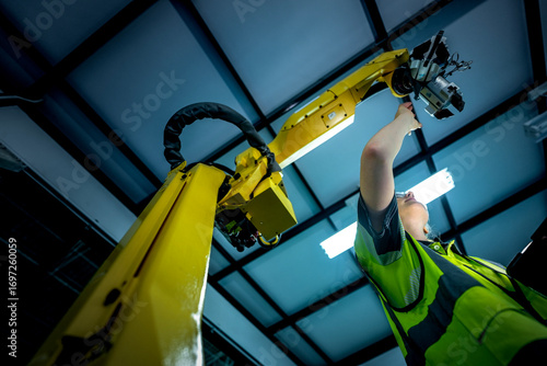 Cuadro en lienzo A female maintenance technician performs a preventative maintenance check on a 6-axis robotic arm's end-effector, ensuring the system's precision on the production line