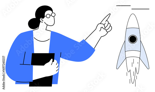 Wallpaper Mural Woman holding a folder points at a launching rocket, signifying guidance, innovation, and leadership. Ideal for growth, startup success, business, exploration creativity progress education. Simple Torontodigital.ca