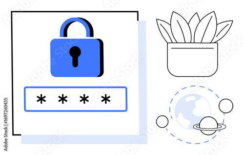 Blue padlock with password bar, potted plant, globe with orbiting planets. Ideal for cyber security, privacy, digital ecosystems, sustainability, global connectivity nature outer space. Simple flat