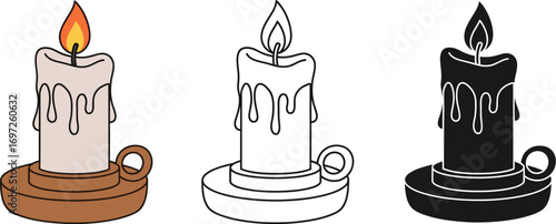 Burninig candle in a rustic holder, presented in three styles: colored, outline, and silhouette.