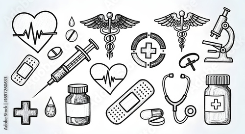 Hand-Drawn Medical Icons and Symbols Collection