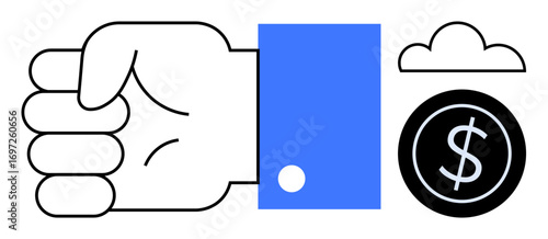 Fist in blue sleeve, black coin with dollar sign, and a cloud highlight financial power. Ideal for business, finance, decision-making, negotiation, savings, investment simple flat metaphor