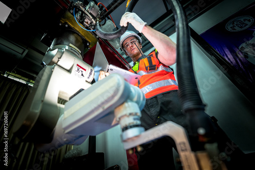 Two maintenance engineers conduct a diagnostic check on a 6-axis robotic arm's hydraulic and electrical systems, collaborating on a preventative maintenance schedule to ensure uptime.