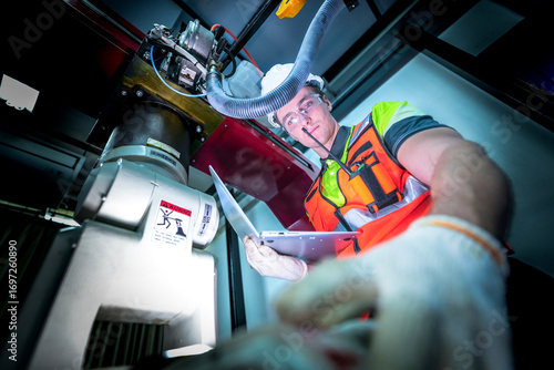 фотографія Two maintenance engineers conduct a diagnostic check on a 6-axis robotic arm's hydraulic and electrical systems, collaborating on a preventative maintenance schedule to ensure uptime