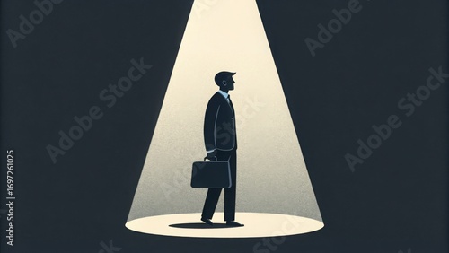 Businessman Holding Briefcase Standing in Spotlight on Dark Background
