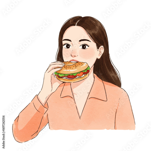 Stylish brunette enjoying a delicious bagel sandwich for lunch break, savory and satisfying