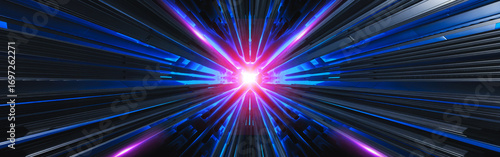 Billede på lærred Abstract image featuring converging blue and pink lines towards a central bright light source