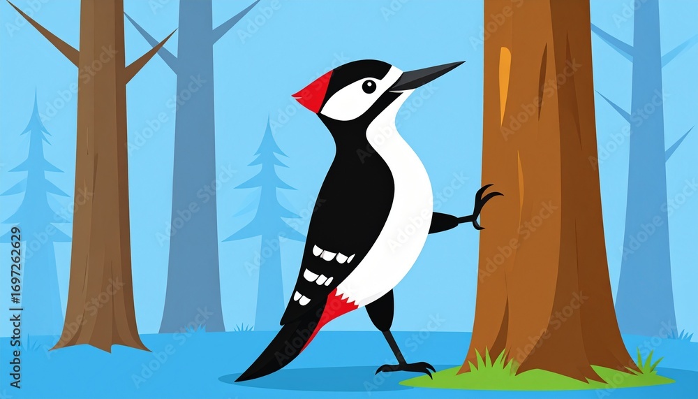 Fototapeta premium cartoon woodpecker perching on tree in forest
