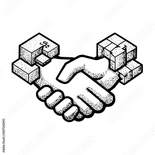 Isometric handshake with textured hands and building block elements in black and white design style