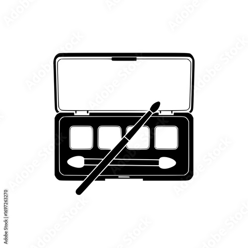 Open eyeshadow palette with applicator brush vector icon representing cosmetics, beauty, and fashion makeup products