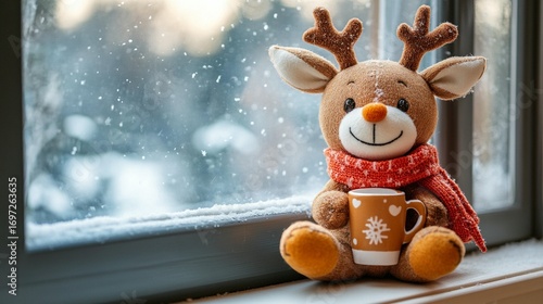Plush reindeer sits by window, drinks coffee, snow outside
