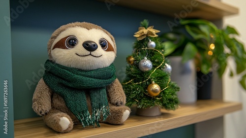 Plush sloth with Christmas tree decor on shelf