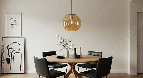 Elegant simplicity in a modern dining room interior featuring a round wooden table, black chairs, and a warm amber glass pendant light