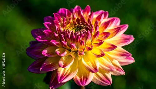 Vibrant dahlia bloom featuring beautiful blends of yellow, pink and purple