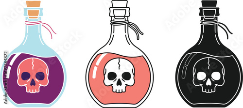 Three stylized bottles containing dangerous liquids with skull symbols, representing poison or potions.