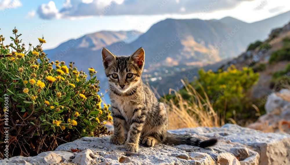 Naklejka premium Cute kitten on a mountaintop