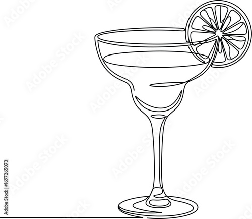 Elegant single line drawing of a margarita cocktail with lime garnish, symbolizing celebration and refreshment.