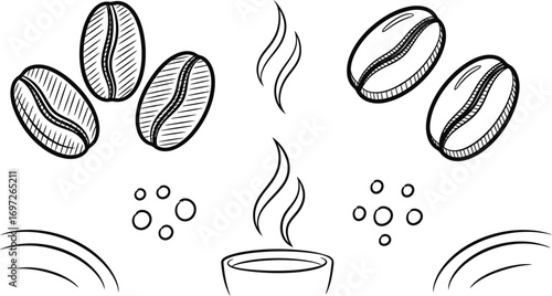 Whimsical illustration of steaming coffee beans and a hot beverage, evoking warmth and aroma.