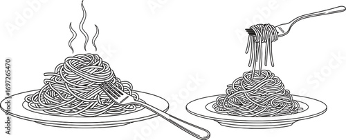 Delicious steaming spaghetti served on plates, one portion being twirled on a fork.