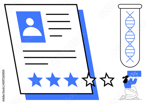 Large user profile with star rating system, DNA test tube icon, small programmer writing code. Ideal for recruitment, bioinformatics, coding, talent assessment, HR tools, science simple landing page
