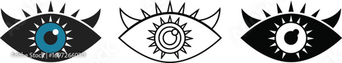 Mysterious eye symbols with sharp lashes and horns, one with a blue iris.