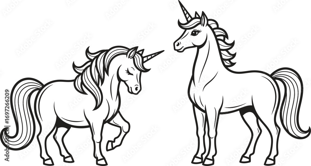 Fototapeta premium Two majestic unicorns stand side-by-side, representing magic and fantasy.