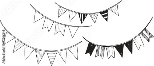 Hand drawn festive bunting flags in black and white on a white background