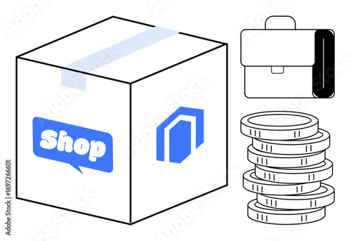 Box with shop text, briefcase, coins stack. Ideal for e-commerce, online shopping, business growth, logistics, delivery finance entrepreneurship. Simple flat metaphor