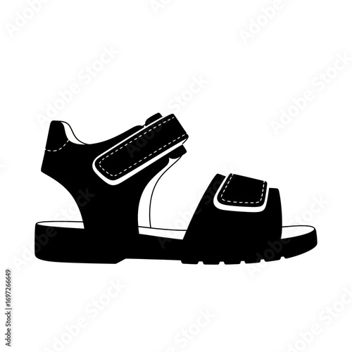 Black silhouette of a child s sandal with velcro straps