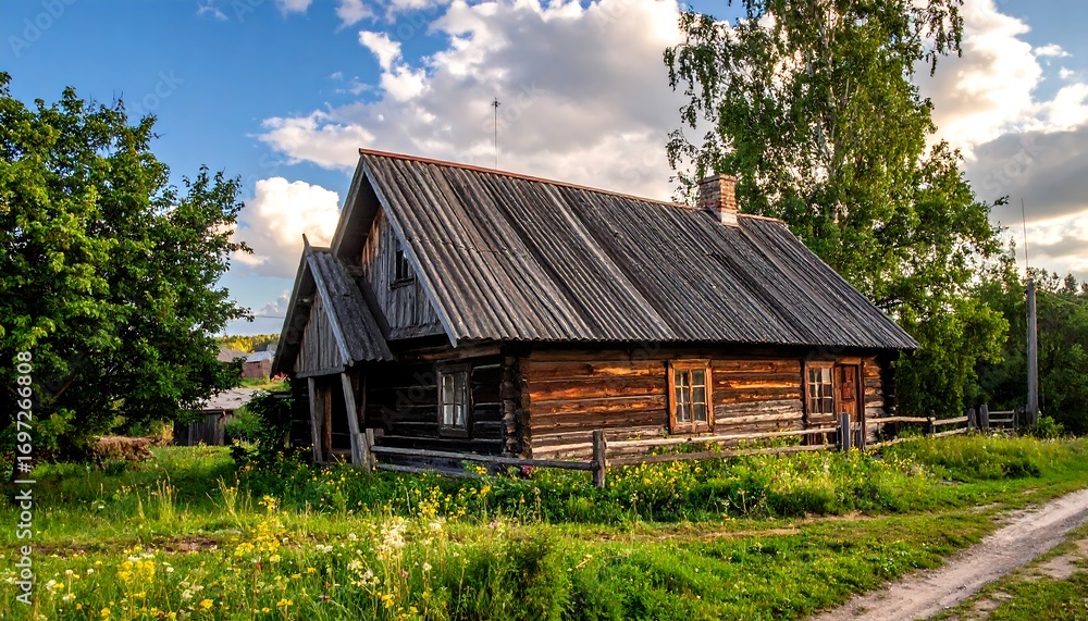 Fototapeta premium Rustic wooden house in a rural landscape