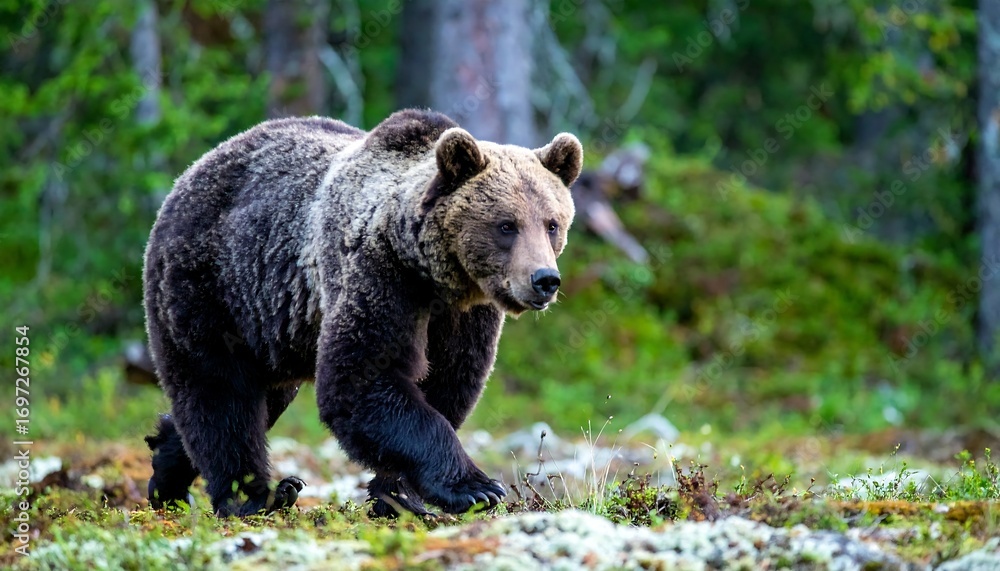 Fototapeta premium Brown bear strolls through mossy forest