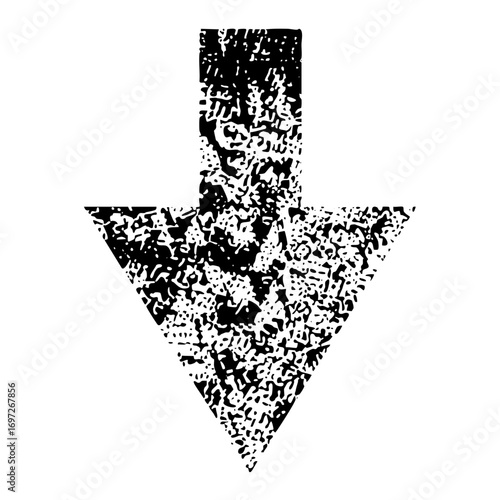 Vector Distressed downward arrow with a textured grunge effect.