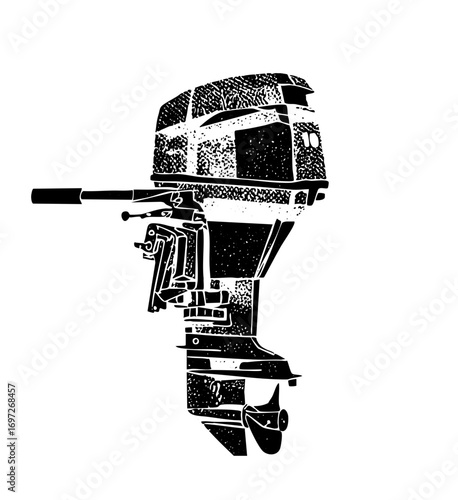 Vector Detailed monochrome of a marine outboard motor.