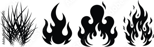 Stylized black flame icons and grass illustration on white background