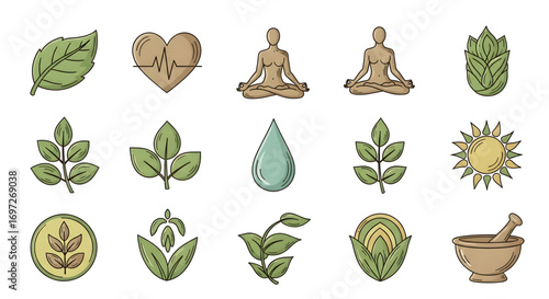 Set of Icons Representing Health, Nature, and Wellness