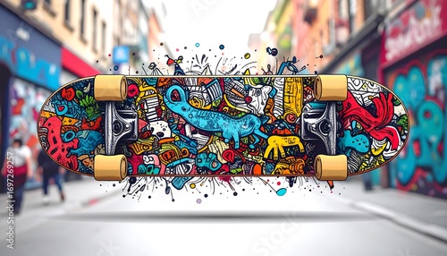 Vibrant skateboard artwork with urban backdrop displaying an eye-catching design
